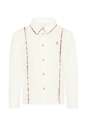 Witte shirt met lange mouwen met luipaardprint langs de kraag en voorste naden, gouden knopen middenvoor en klein gouden embleem op de borst.
