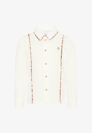 Camisa blanca de manga larga con ribete de estampado de leopardo a lo largo del cuello y las costuras delanteras, botones dorados en el centro y pequeño emblema dorado en el pecho.