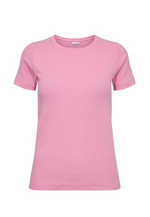 Rózsaszín, rövidujjú póló bordázott anyagból. Kerek nyakkivágással és sima textúrájú, testhez álló fazonnal rendelkezik.