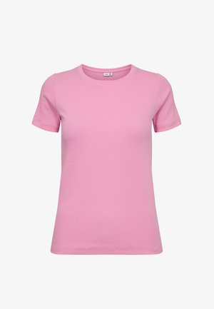 Maglietta rosa a maniche corte realizzata in tessuto a coste. Presenta un collo a giro e un design aderente con una texture liscia.