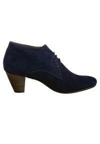 Bottines en daim bleu marine avec un petit heel empilé, bout arrondi et design à lacets ; surpiqûres détaillées sur les côtés.
