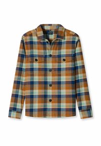 Kariertes Hemd in orange, blau und teal. Aus Baumwolle gefertigt, hat es einen Kragen, zwei Brusttaschen und Knopfverschlüsse. Lange Ärmel.