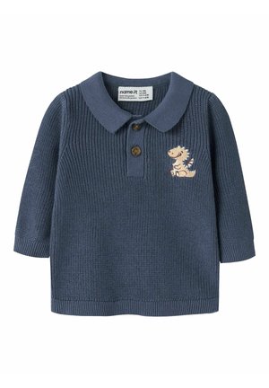 Blauwe gebreide babytrui met lange mouwen, kraag, twee knopen en een kleine geborduurde beige dinosaurus op de borst.