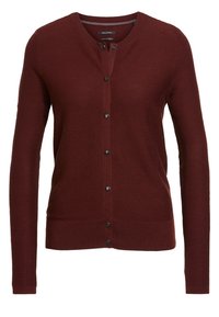 Cardigan bordeaux con maniche lunghe, scollatura rotonda e chiusura con bottoni. Presenta un tessuto testurizzato e polsini e orlo a coste.
