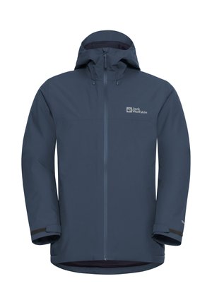 Marine regenjas met een capuchon, voorrits en twee borstzakken. Voorzien van verstelbare manchetten en een logo aan de bovenkant aan de linkerkant.