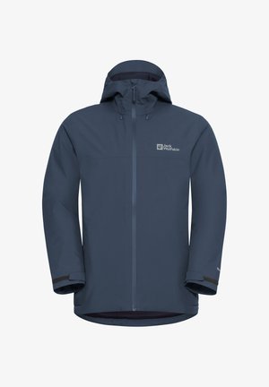 Marine regenjas met een capuchon, voorrits en twee borstzakken. Voorzien van verstelbare manchetten en een logo aan de bovenkant aan de linkerkant.