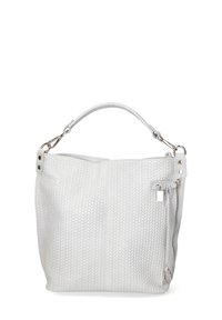 Borsa a tracolla grigia in tessuto intrecciato con una sola tracolla, hardware in argento e una tasca laterale con zip. Presenta un design pulito e moderno.