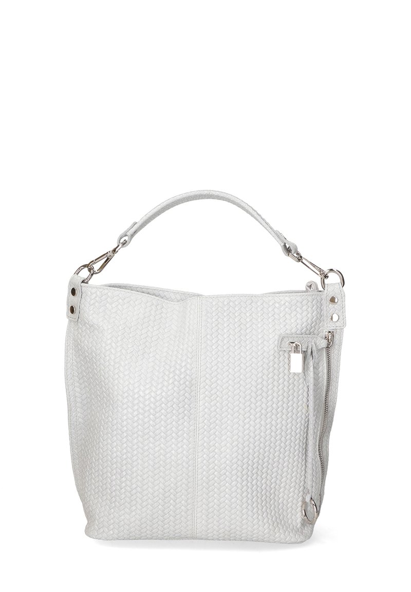 Borsa a tracolla grigia in tessuto intrecciato con una sola tracolla, hardware in argento e una tasca laterale con zip. Presenta un design pulito e moderno.