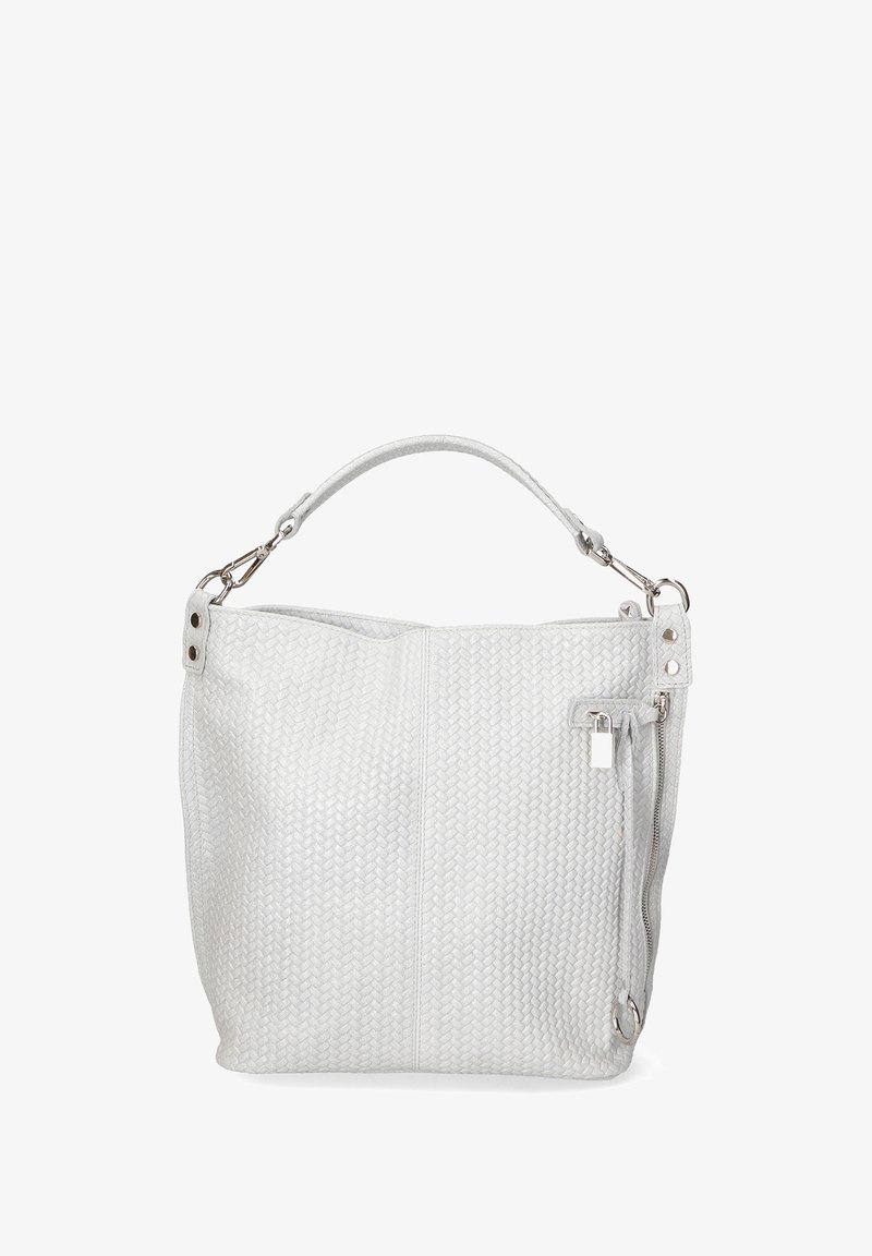 Borsa a tracolla grigia in tessuto intrecciato con una sola tracolla, hardware in argento e una tasca laterale con zip. Presenta un design pulito e moderno.