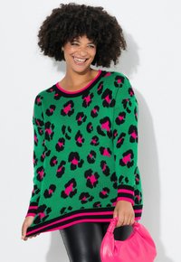 Grüner Strickpullover mit schwarzem und pinkem Leopardenmuster, kontrastierendem pinkem Saum, langen Ärmeln und lockerer Passform, kombiniert mit einer pinken Handtasche.
