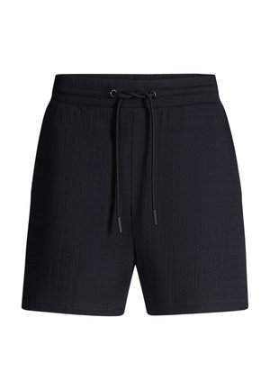 Schwarze, strukturierte Shorts mit elastischem Bund und schwarzen Kordelzügen vorne, auf weißem Hintergrund gezeigt.