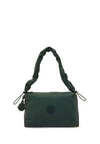 Groene textuur tas met een gedraaide zachte handgreep, ritssluiting en een ronde logo-details. Inclusief een klein charm in de vorm van een beer.