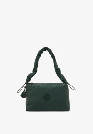 Groene textuur tas met een gedraaide zachte handgreep, ritssluiting en een ronde logo-details. Inclusief een klein charm in de vorm van een beer.