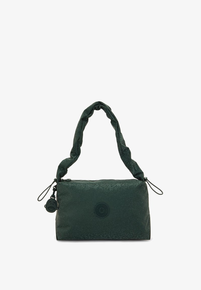 Groene textuur tas met een gedraaide zachte handgreep, ritssluiting en een ronde logo-details. Inclusief een klein charm in de vorm van een beer.