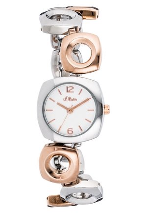 Sølv- og rosaguldfarvet metalarmbåndsur med hvid rund urskive, rosaguldfarvede timeangivelser og visere samt dekorative cirkulære led.