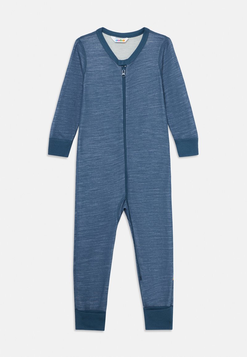 Modrá dlhá rukávová detská kombinéza s predným zipsom, patentkami na výstrihu a rebrovanými manžetami na rukávoch a nohaviciach.