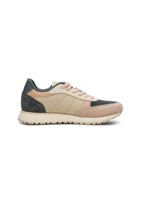 Sneakers with a combination of beige, pink, and dark green materials; features soft suede and textured leather; white rubber outsole; standard lacing.