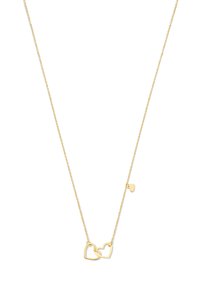 Goldfarbene Halskette mit ineinander verschlungenen herzförmigen Anhängern und einem kleinen Herz-Akzent, ausgestattet mit einem zarten Kettendesign.