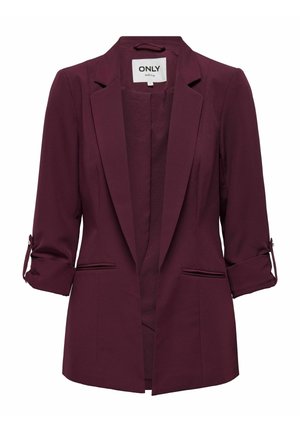 Dunkelburgunder Damenblazer mit hochgekrempelten Ärmeln, Revers mit Kerbe und zwei vorderen Einschubtaschen, dargestellt auf weißem Hintergrund.