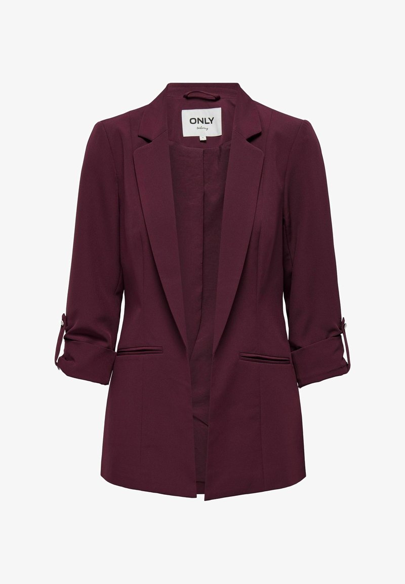 Blazer femme bordeaux foncé avec manches retroussées, revers crantés et deux poches fendues à l'avant, présenté sur fond blanc.