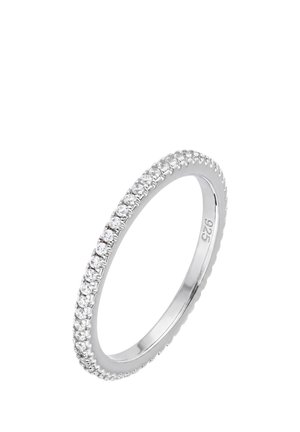 Silver ring with small round clear stones set continuously around the band, marked with "925" indicating sterling silver.