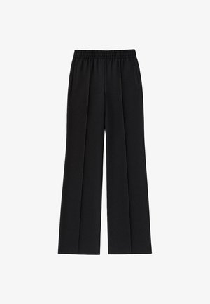 Schwarze Hosen mit weitem Bein und elastischem Bund, mit zwei Seitentaschen und plisseeartigen Details an der Vorderseite. Hergestellt aus weichem Stoff.