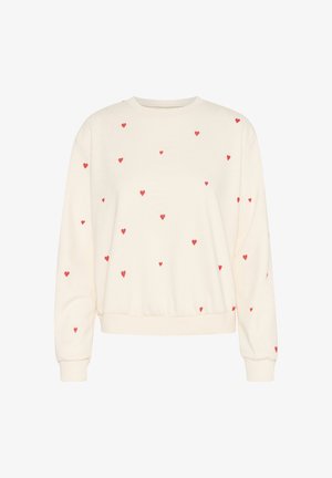 Felpa chiara con motivi a cuore rossi. Presenta un collo rotondo e polsini a costine. Il materiale sembra morbido con una vestibilità comoda.
