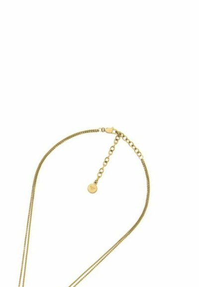 Collar de color dorado con un diseño de cadena elegante, que presenta un pequeño charm redondo cerca del cierre y una delicada extensión de cadena ajustable.