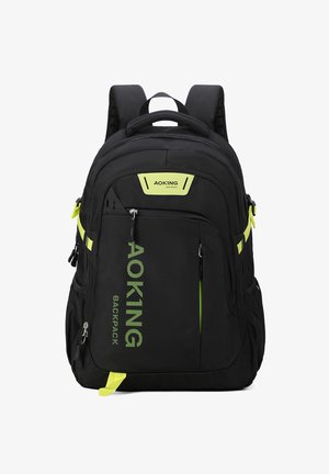 Zaino in tessuto nero con dettagli in verde neon e logo. Presenta diverse tasche, spallacci imbottiti e una maniglia superiore per il trasporto.