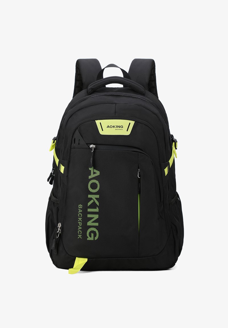 Zaino in tessuto nero con dettagli in verde neon e logo. Presenta diverse tasche, spallacci imbottiti e una maniglia superiore per il trasporto.