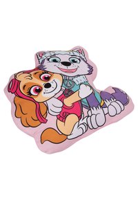 Cuscino a forma di cartone animato con due cani animati, tessuto morbido, sfondo rosa, colori vivaci e espressioni facciali giocose.