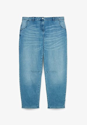 Hellblaue Denim-Jeans mit geradem Schnitt, ausgestattet mit mehreren Taschen und dezenten Ausbleichungen. Genähter Saum und Knopfverschluss.