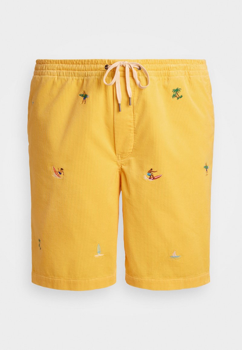 Gule corduroy badeshorts med elastisk midje, snorlås, broderte palmer, surfere og seilbåter som dekorative detaljer.