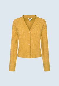 Senapsgul, ribbad stickad cardigan med långa ärmar, V-ringning och tre framsida knappar på en ljus bakgrund.