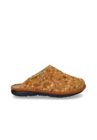 Vilt slippers in gele en oranje tinten, met een gestructureerde bovenkant, bruine afwerking en een zwarte rubberen zool voor duurzaamheid.