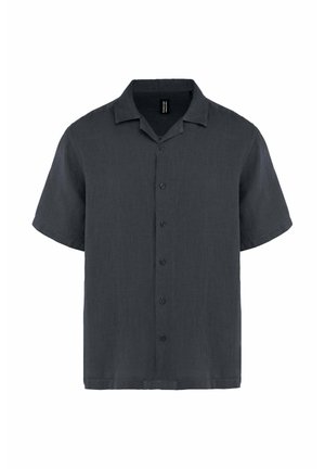 Dunkelgraues Kurzarmhemd mit Camp-Kragen und sechs Knöpfen vorne, auf weißem Hintergrund dargestellt.