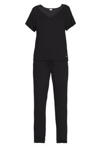 Black two-piece loungewear set made of soft fabric; short-sleeve top with lace neckline detailing, and drawstring waist pants.