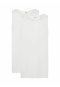 Two white sleeveless tank tops made from cotton, featuring a rounded neckline and straight hemline. Lightweight, smooth texture.