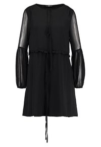 Schwarzes Kleid mit langen, transparenten Ärmeln, gerafftem Saum an der Taille und gebundenem Ausschnitt. Hergestellt aus leichtem Stoff, mit einfachem und fließendem Design.