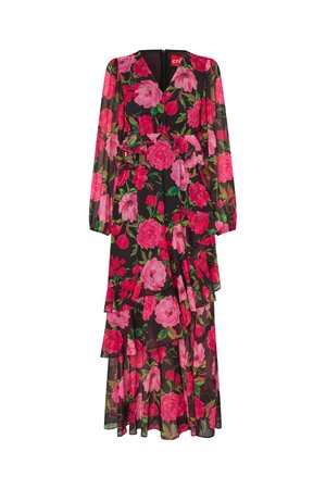 Μακριά μαύρη φόρεμα από σιφόν με ζωηρό ροζ λουλουδένιο μοτίβο, V-λαιμόκοψη, μακριά διαφανή μανίκια, στρώσεις με βολάν και ζώνη στη μέση.