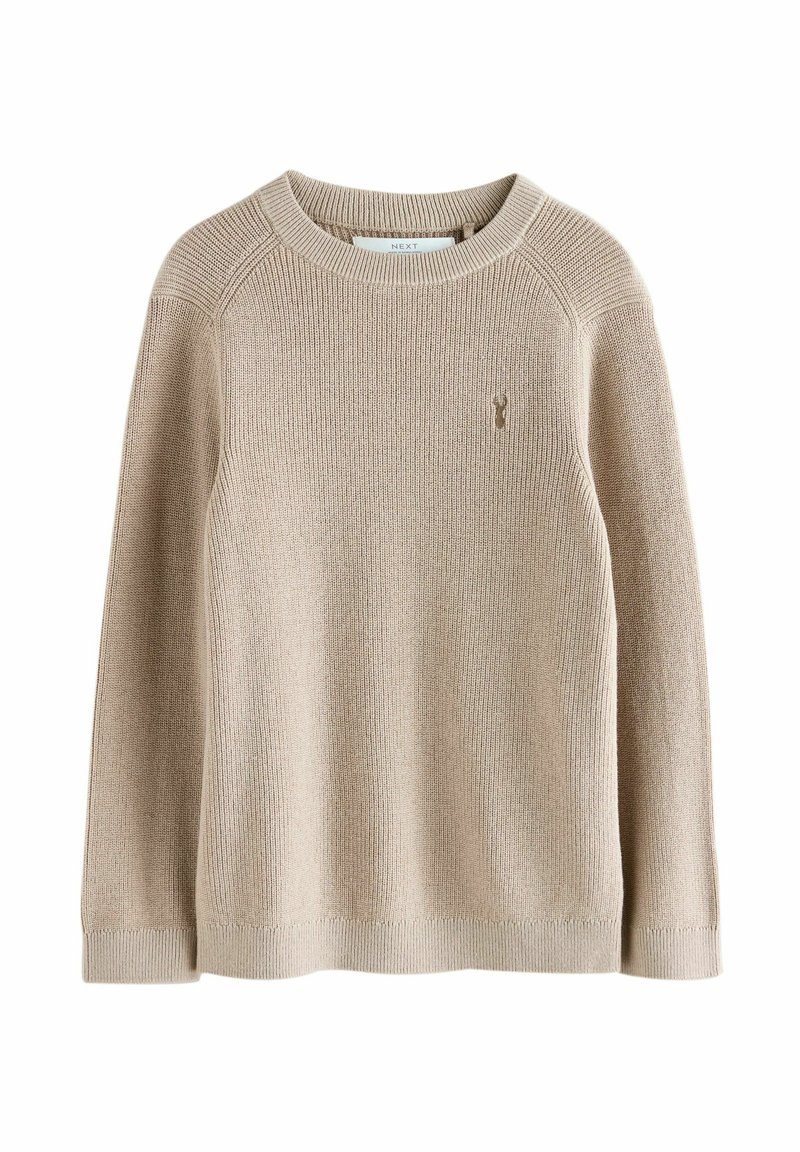 Pull beige en maille à manches longues, col rond et petit logo brodé sur la poitrine gauche.