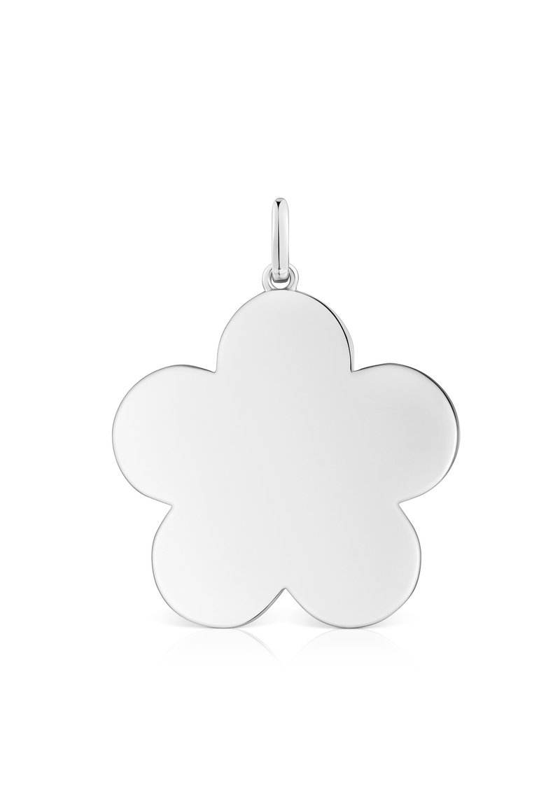 Ciondolo a forma di fiore in argento con una superficie liscia e lucida e un anello per il fissaggio. Presenta petali arrotondati e un design simmetrico.