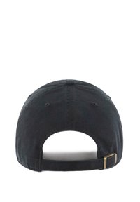 Black cotton baseball cap with a curved brim, adjustable strap, and metal buckle at the back; features stitched detailing and ventilation holes.