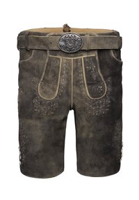 Shorts en lederhosen en cuir marron foncé traditionnels avec des motifs floraux brodés, des boutons sur les côtés, une ceinture à l'avant et une boucle en argent ornée.