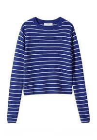 Pull en maille bleu à manches longues avec des rayures horizontales blanches et un col rond, étiqueté pour les tailles hommes.