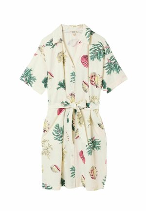 Kurzärmeliges cremefarbenes Kleid mit grünen, gelben und pinkfarbenen tropischen Blatt- und Muschelmotiven, Knopfleiste vorne, Kragen und gebundenem Taillengürtel.