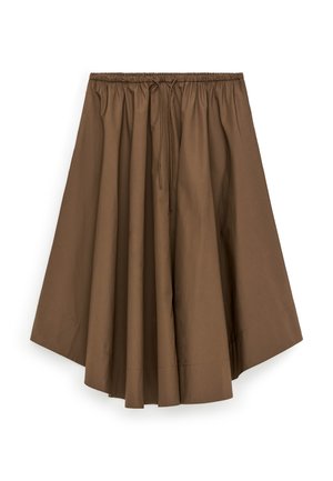 Brun midi-nederdel med høj talje, bred kant, elastisk taljebånd med rynker og snøre, lavet af glat stof.
