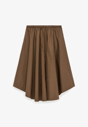 Brun midi-nederdel med høj talje, bred kant, elastisk taljebånd med rynker og snøre, lavet af glat stof.