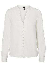 Blusa bianca a maniche lunghe con scollo a V, colletto dritto e bottoni rivestiti in tessuto lungo il centro anteriore.