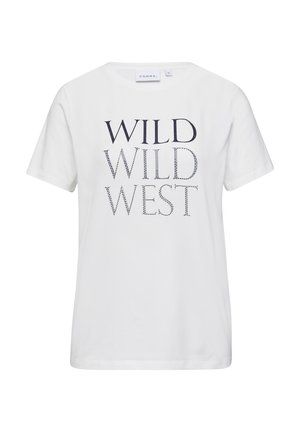 White cotton t-shirt featuring the text "WILD WILD WEST" in dark blue and gray, short sleeves, crew neck, and a relaxed fit.